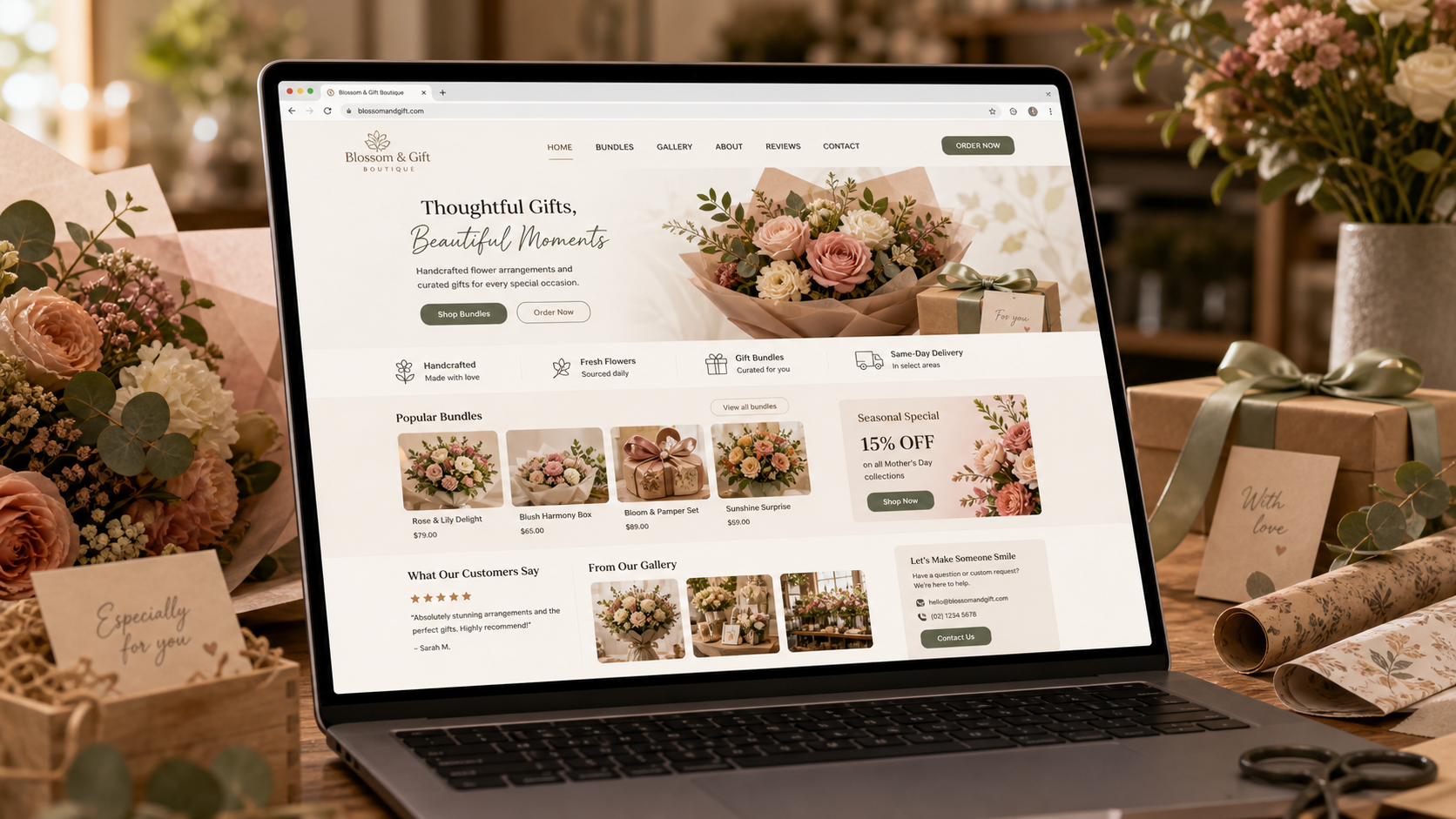 A warm small-business landing page shown on a laptop