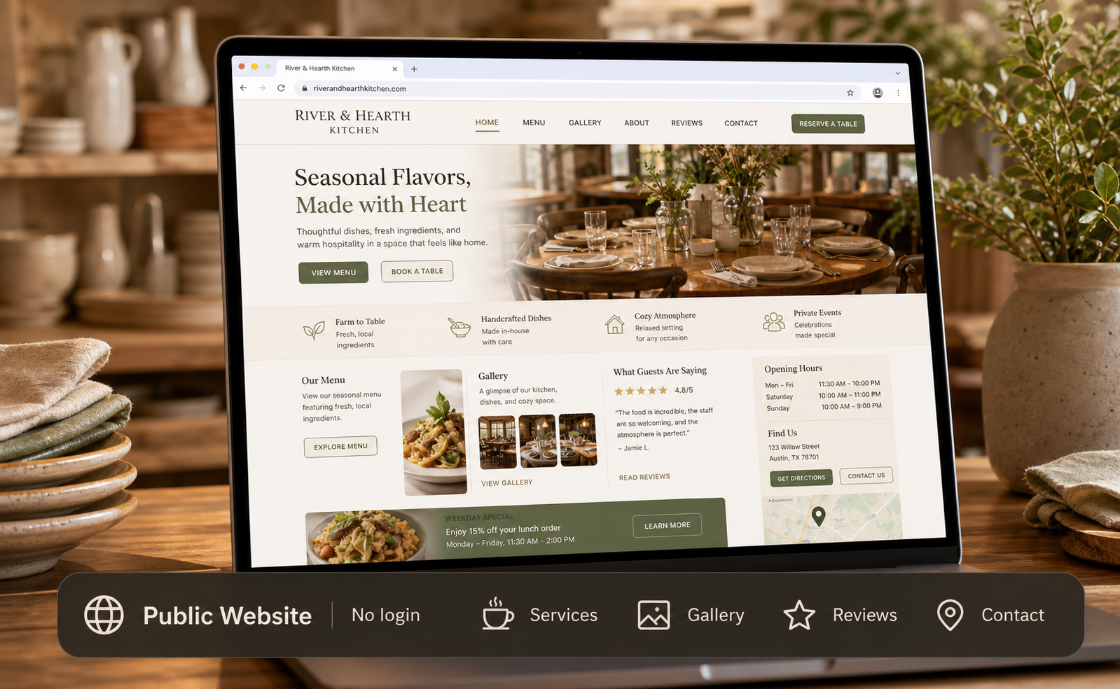 A premium public business website shown in a desktop browser